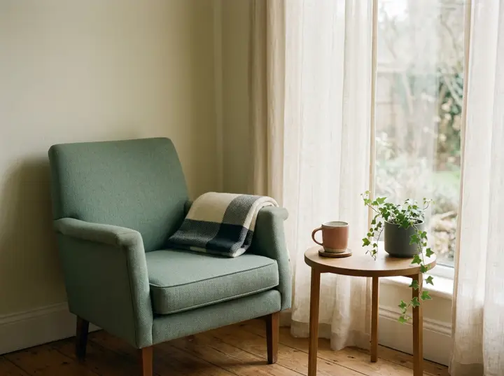 An empty armchair beside a window with linen curtains, a ceramic cup, and a trailing plant